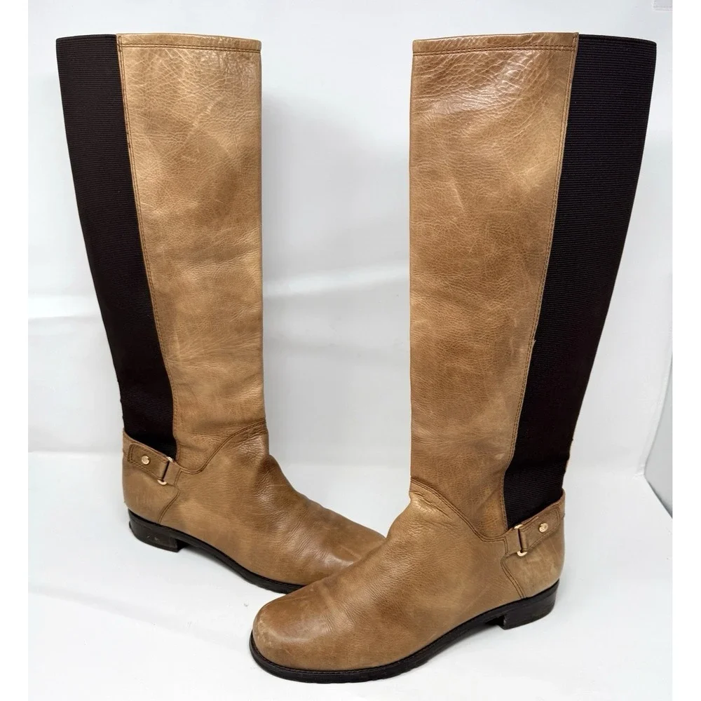 Stuart Weitzman Tall Riding Boots Womens 9.5M Tan Leather Stretch Knee High